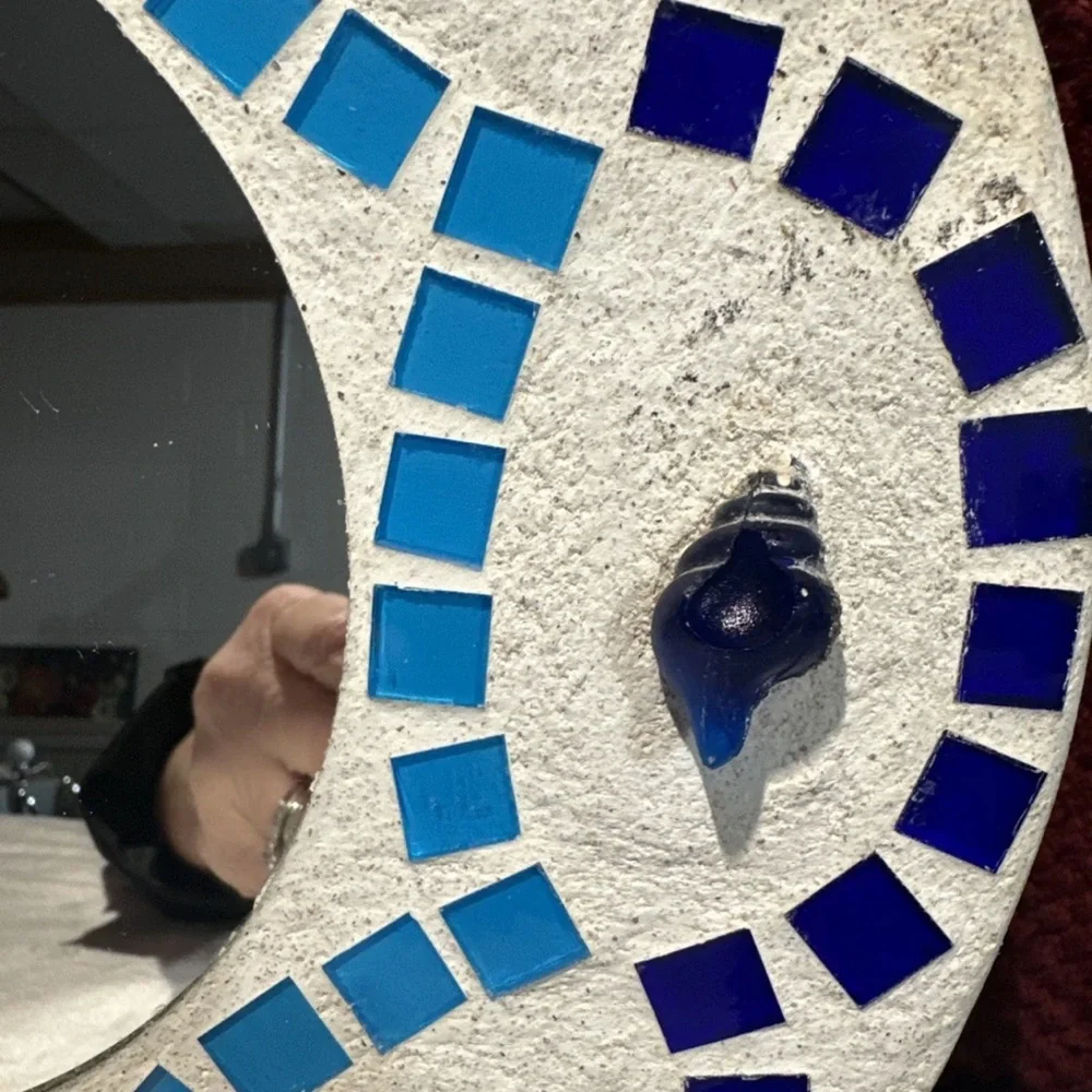Coastal Mosaic Mirror Seashell Starfish Blue Tile Beach Decor Round Wall Art 12”